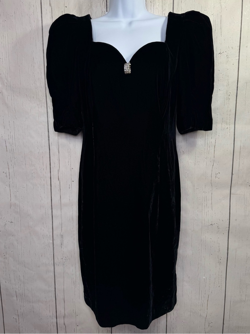 Vintage Cachet Black Velvet Dress 7/8 Rhinestone Puff Sleeve 80s Glam Holiday - Picture 5 of 16
